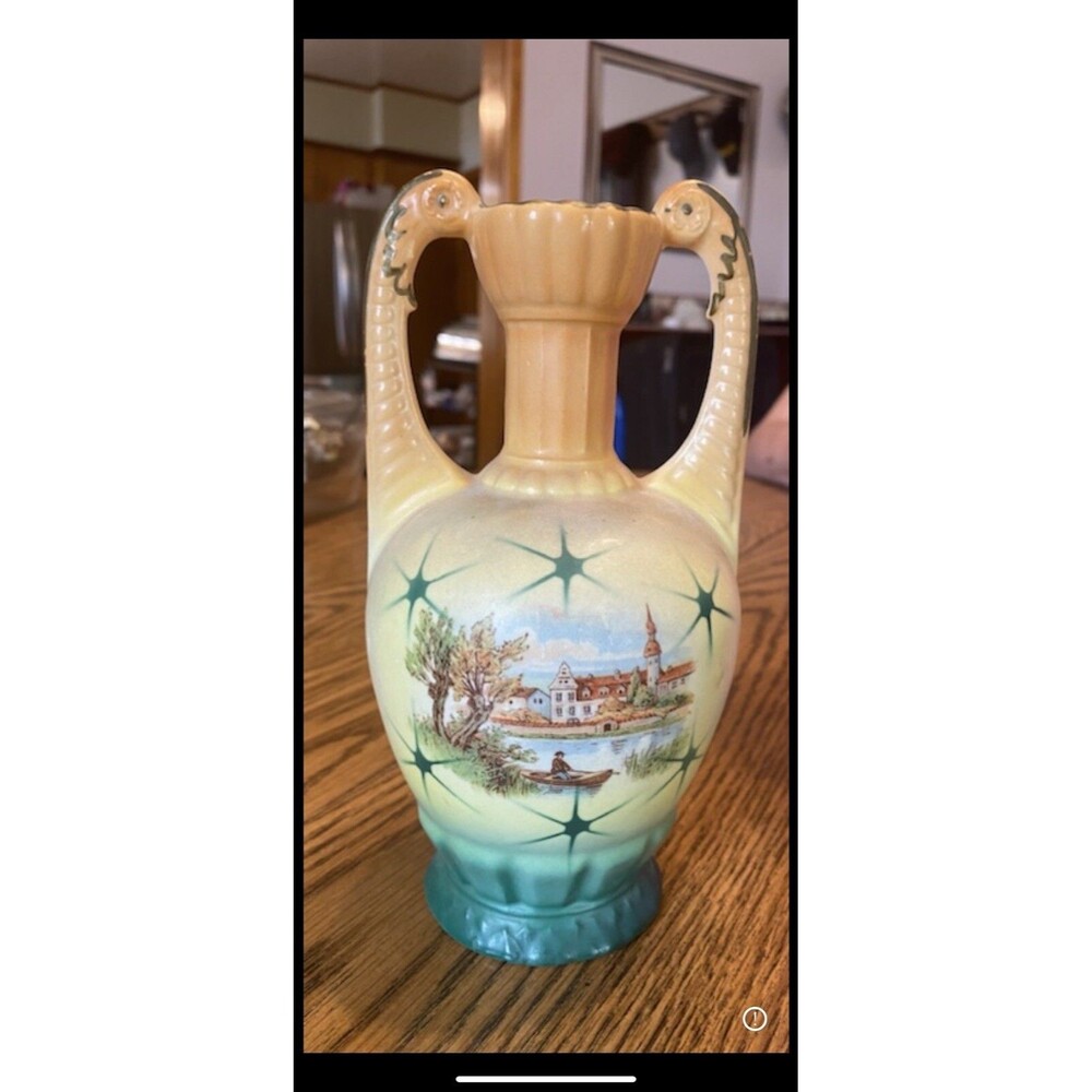 Antique Czechoslovakia Old Village Print Ceramic Vase